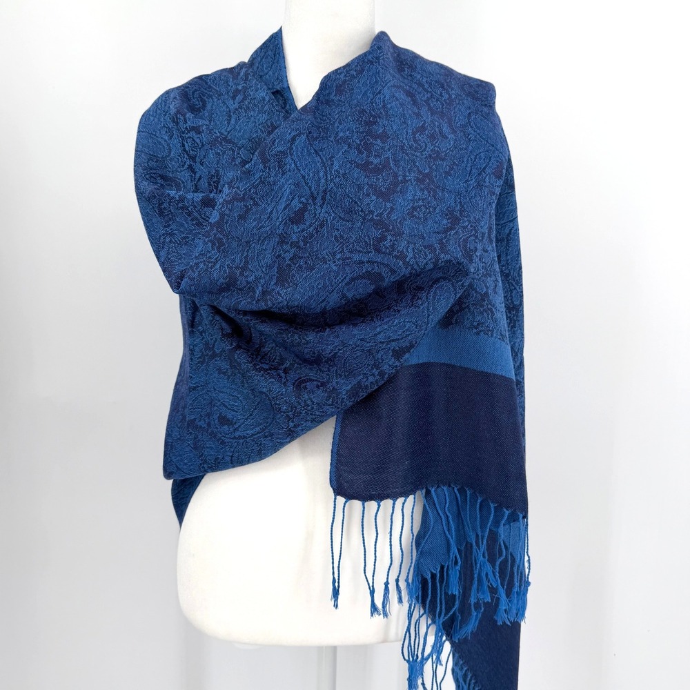 Pashmina Cashmere Silk Navy Blue Paisley Scarf Shawl Evening Wrap Cover Up